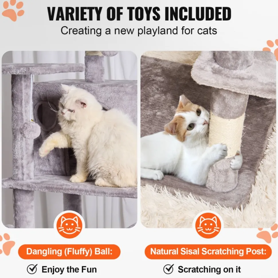 VEVOR Cat Tree for Indoor Cats, 68.5" Cat Tower with 2 Cat Condos, Sisal Scratching Post, Hammock, Top Perch, Jumping Platforms, Large Cat Furniture Activity Center with Hang Ball, Light Grey