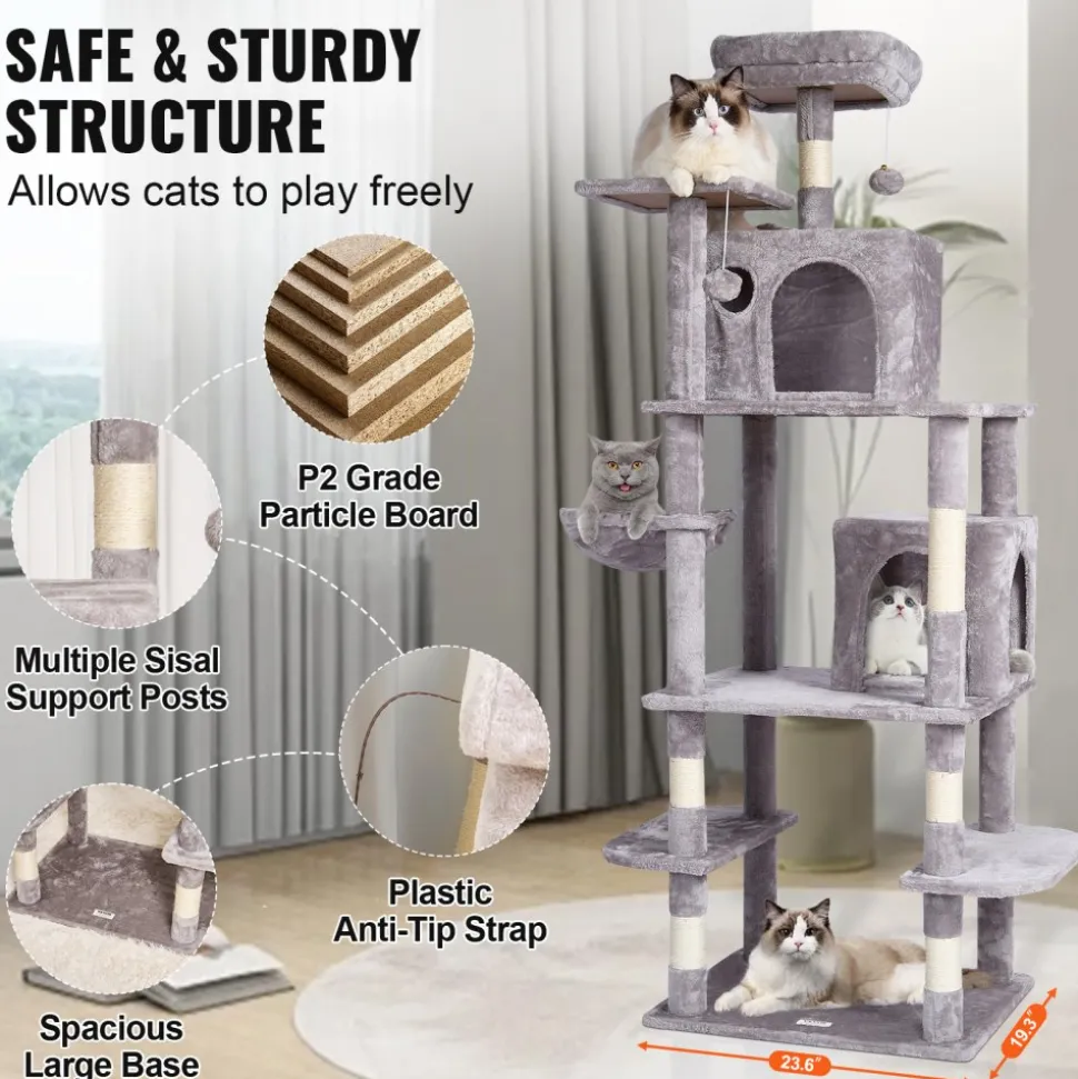 VEVOR Cat Tree for Indoor Cats, 68.5" Cat Tower with 2 Cat Condos, Sisal Scratching Post, Hammock, Top Perch, Jumping Platforms, Large Cat Furniture Activity Center with Hang Ball, Light Grey