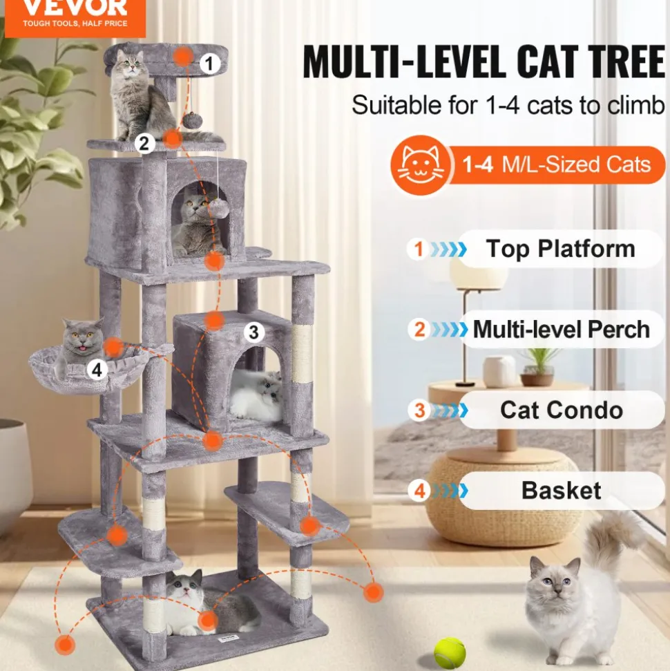 VEVOR Cat Tree for Indoor Cats, 68.5" Cat Tower with 2 Cat Condos, Sisal Scratching Post, Hammock, Top Perch, Jumping Platforms, Large Cat Furniture Activity Center with Hang Ball, Light Grey