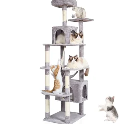 VEVOR Cat Tree for Indoor Cats, 72" Cat Tower with 2 Cat Condos, Sisal Scratching Post, Hammock, Top Perch, Jumping Platforms, Large Cat Furniture Activity Center with Hang Ball, Light Grey