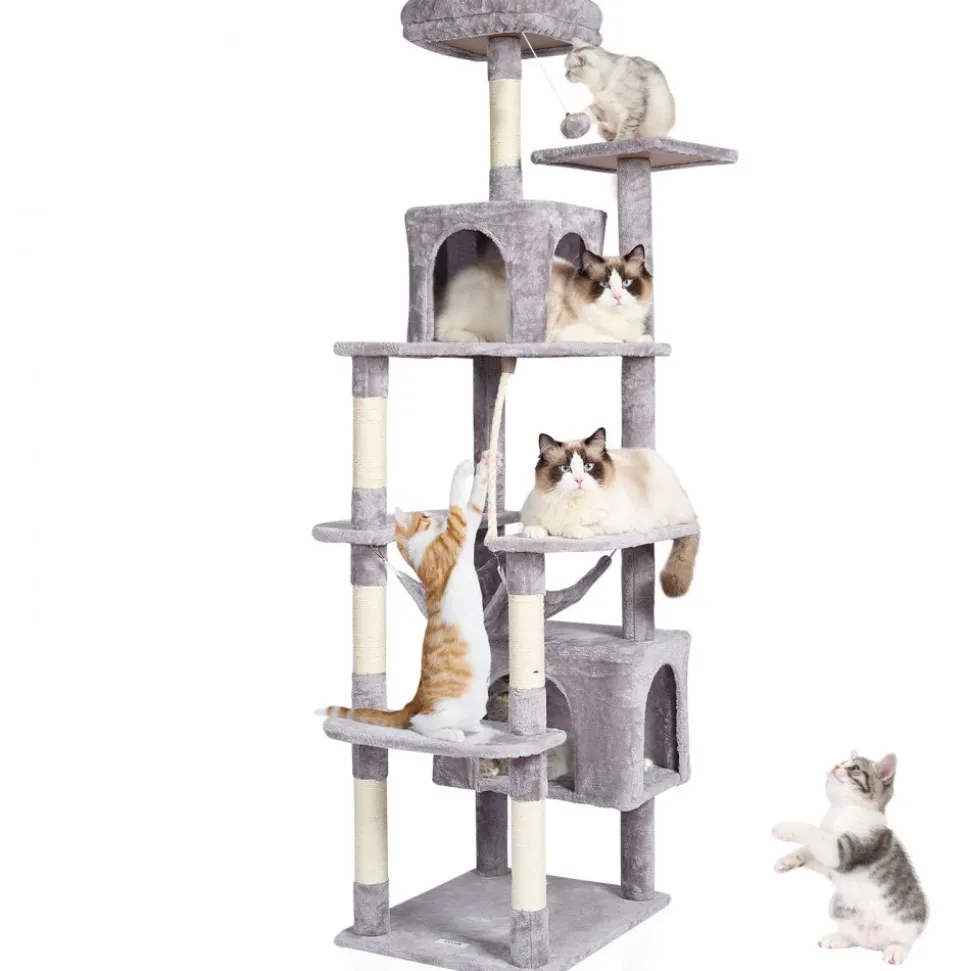 VEVOR Cat Tree for Indoor Cats, 72" Cat Tower with 2 Cat Condos, Sisal Scratching Post, Hammock, Top Perch, Jumping Platforms, Large Cat Furniture Activity Center with Hang Ball, Light Grey