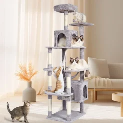 VEVOR Cat Tree for Indoor Cats, 72" Cat Tower with 2 Cat Condos, Sisal Scratching Post, Hammock, Top Perch, Jumping Platforms, Large Cat Furniture Activity Center with Hang Ball, Light Grey
