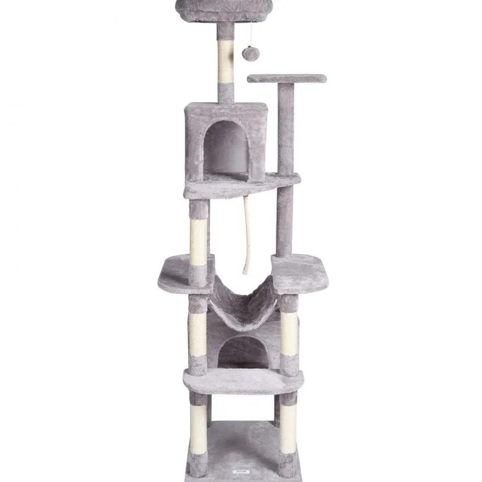 VEVOR Cat Tree for Indoor Cats, 72" Cat Tower with 2 Cat Condos, Sisal Scratching Post, Hammock, Top Perch, Jumping Platforms, Large Cat Furniture Activity Center with Hang Ball, Light Grey