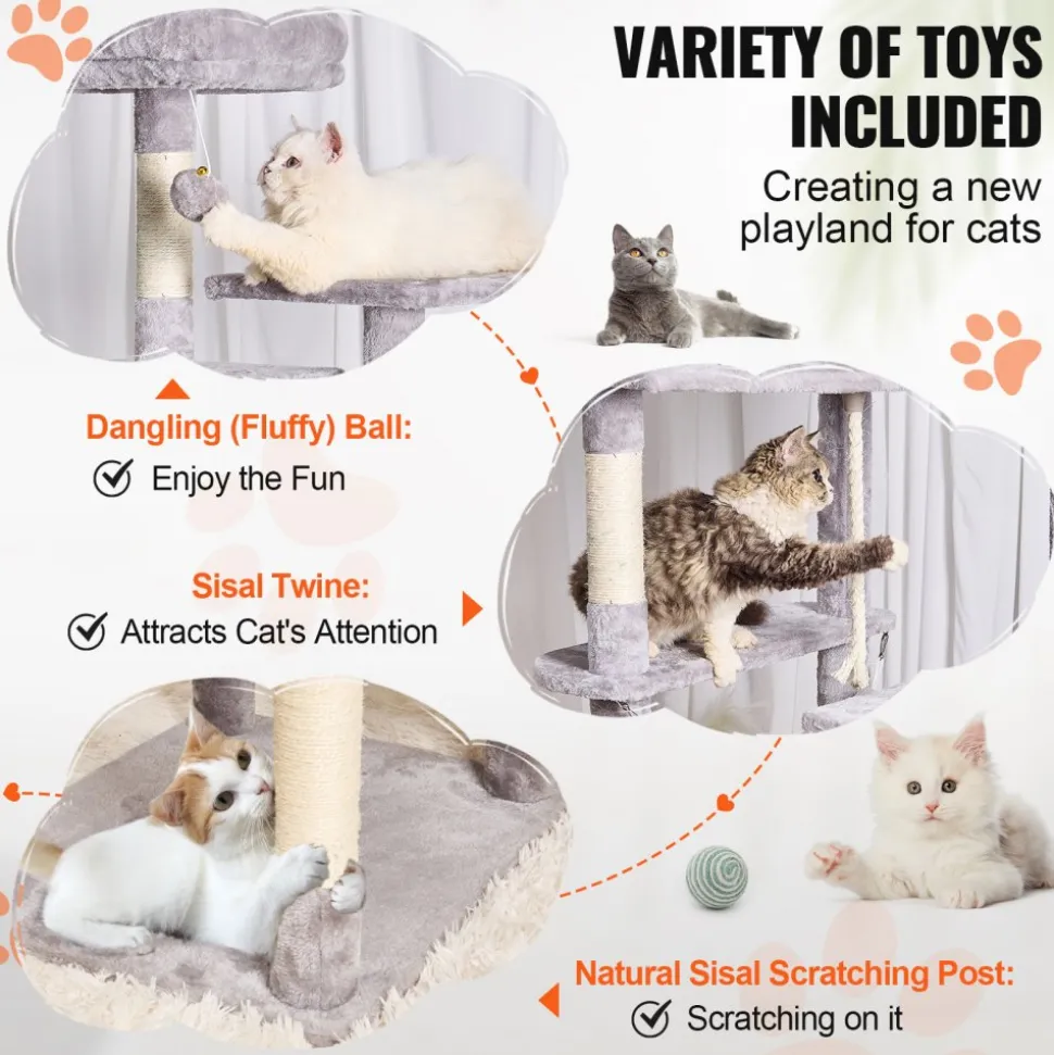 VEVOR Cat Tree for Indoor Cats, 72" Cat Tower with 2 Cat Condos, Sisal Scratching Post, Hammock, Top Perch, Jumping Platforms, Large Cat Furniture Activity Center with Hang Ball, Light Grey