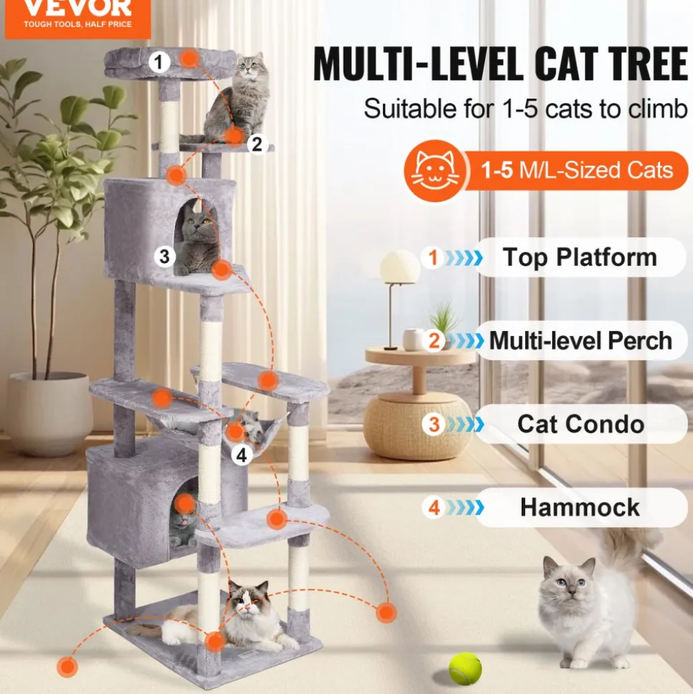 VEVOR Cat Tree for Indoor Cats, 72" Cat Tower with 2 Cat Condos, Sisal Scratching Post, Hammock, Top Perch, Jumping Platforms, Large Cat Furniture Activity Center with Hang Ball, Light Grey