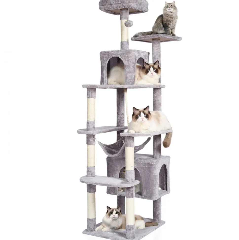 VEVOR Cat Tree for Indoor Cats, 72" Cat Tower with 2 Cat Condos, Sisal Scratching Post, Hammock, Top Perch, Jumping Platforms, Large Cat Furniture Activity Center with Hang Ball, Light Grey