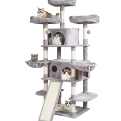 VEVOR Cat Tree for Indoor Cats, 68.5" Cat Tower with 2 Cat Condos, Sisal Scratching Post, Hammocks, Top Perches, Jumping Platforms and Ramp, Cat Furniture Activity Center with Hang Balls, Light Grey