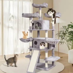 VEVOR Cat Tree for Indoor Cats, 68.5" Cat Tower with 2 Cat Condos, Sisal Scratching Post, Hammocks, Top Perches, Jumping Platforms and Ramp, Cat Furniture Activity Center with Hang Balls, Light Grey