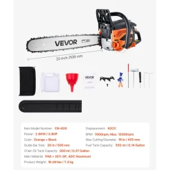 VEVOR 62 cc Gas Chainsaw, 20 inch Gas Powered Chainsaw, 3.8 HP Power Chain Saw with Non-Slip Handle, Gas-Powered Chainsaws with Dual Fuel Tanks, For Wood Cutting, Tree Trimming, and Land Clearing