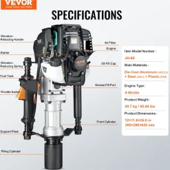 VEVOR 37.77cc Gas-Powered T Post Driver, 4-Stroke Engine Gasoline Fence Piling Pounder, with 2 Post Driving Head(55/70 mm) , 1000W Portable Piledriver For Farm, Ranch Fencing, Road Improvements