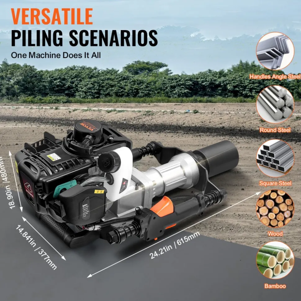 VEVOR 37.77cc Gas-Powered T Post Driver, 4-Stroke Engine Gasoline Fence Piling Pounder, with 2 Post Driving Head(55/70 mm) , 1000W Portable Piledriver For Farm, Ranch Fencing, Road Improvements