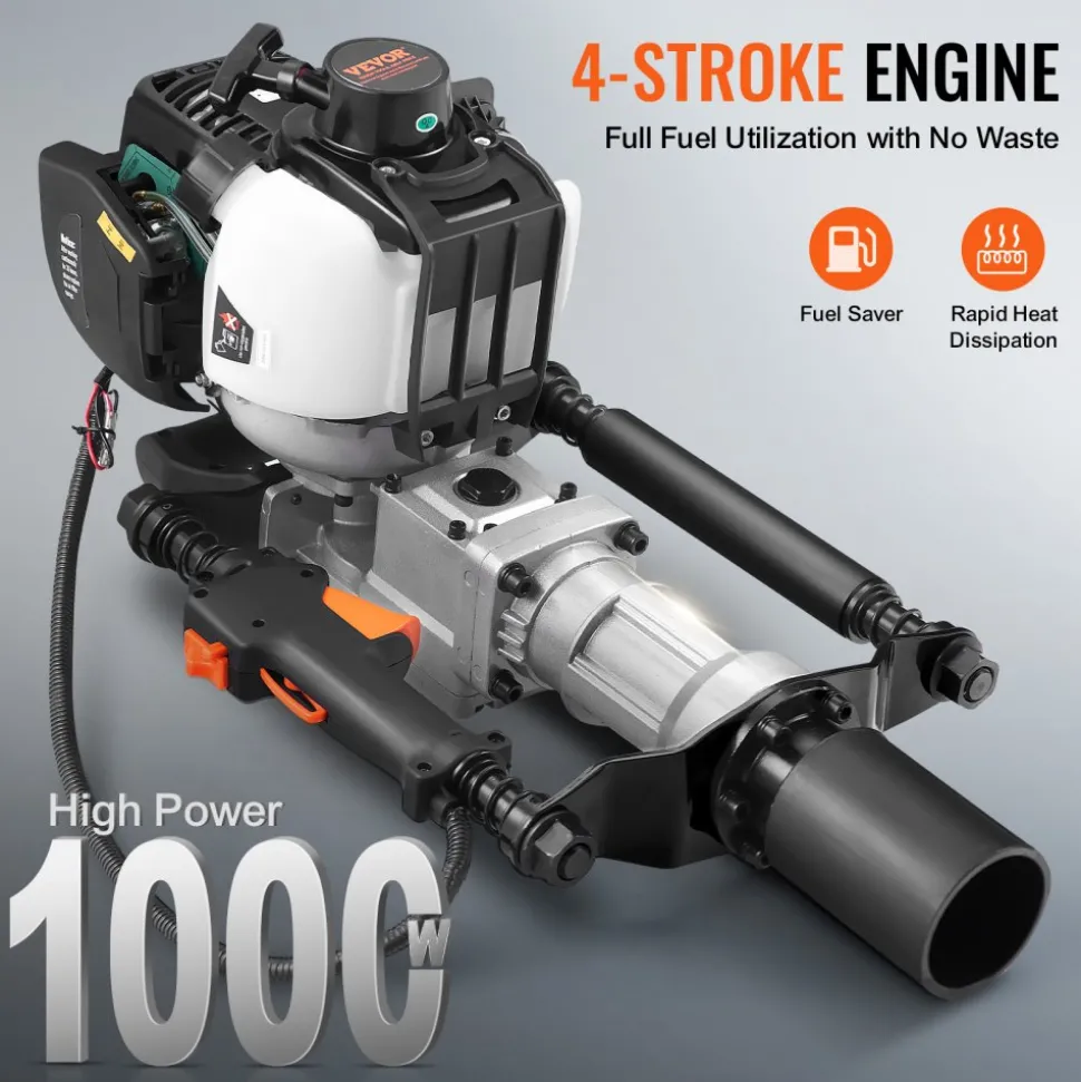 VEVOR 37.77cc Gas-Powered T Post Driver, 4-Stroke Engine Gasoline Fence Piling Pounder, with 2 Post Driving Head(55/70 mm) , 1000W Portable Piledriver For Farm, Ranch Fencing, Road Improvements