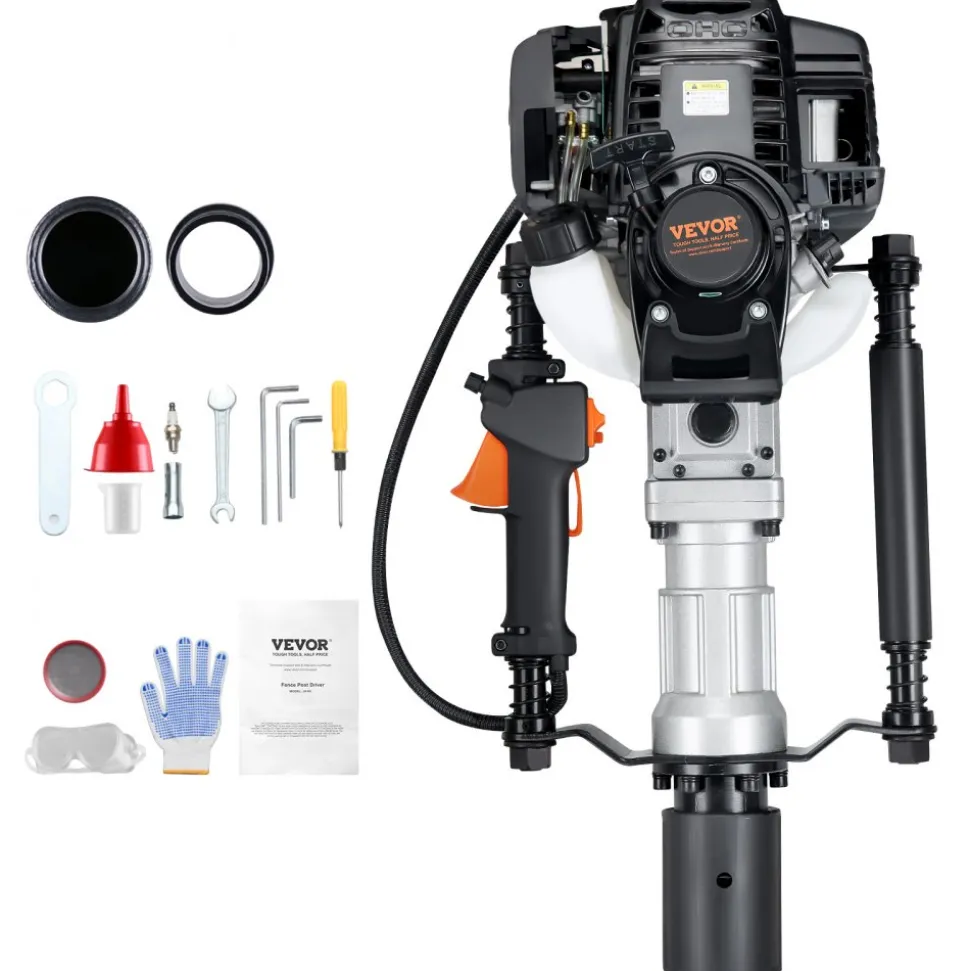 VEVOR 37.77cc Gas-Powered T Post Driver, 4-Stroke Engine Gasoline Fence Piling Pounder, with 2 Post Driving Head(55/70 mm) , 1000W Portable Piledriver For Farm, Ranch Fencing, Road Improvements