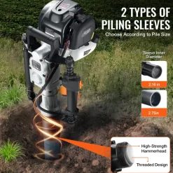 VEVOR 37.77cc Gas-Powered T Post Driver, 4-Stroke Engine Gasoline Fence Piling Pounder, with 2 Post Driving Head(55/70 mm) , 1000W Portable Piledriver For Farm, Ranch Fencing, Road Improvements