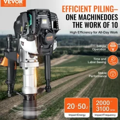 VEVOR 37.77cc Gas-Powered T Post Driver, 4-Stroke Engine Gasoline Fence Piling Pounder, with 2 Post Driving Head(55/70 mm) , 1000W Portable Piledriver For Farm, Ranch Fencing, Road Improvements
