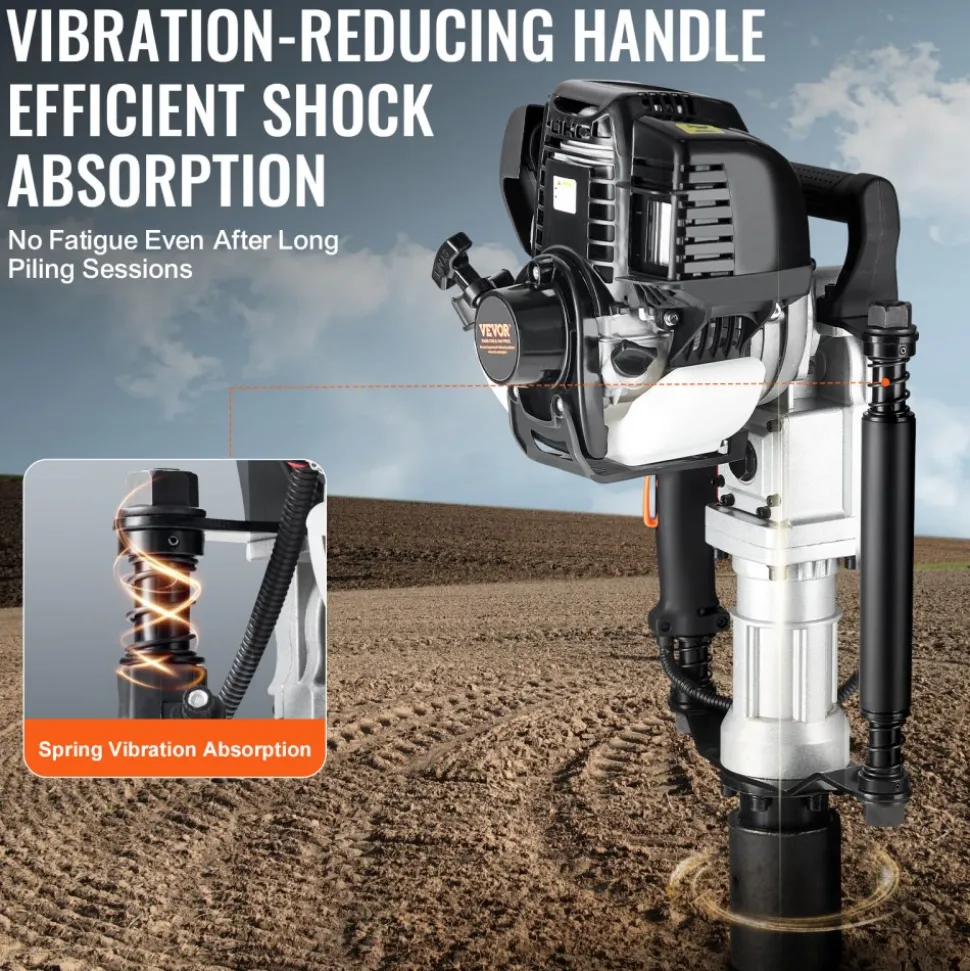 VEVOR 37.77cc Gas-Powered T Post Driver, 4-Stroke Engine Gasoline Fence Piling Pounder, with 2 Post Driving Head(55/70 mm) , 1000W Portable Piledriver For Farm, Ranch Fencing, Road Improvements