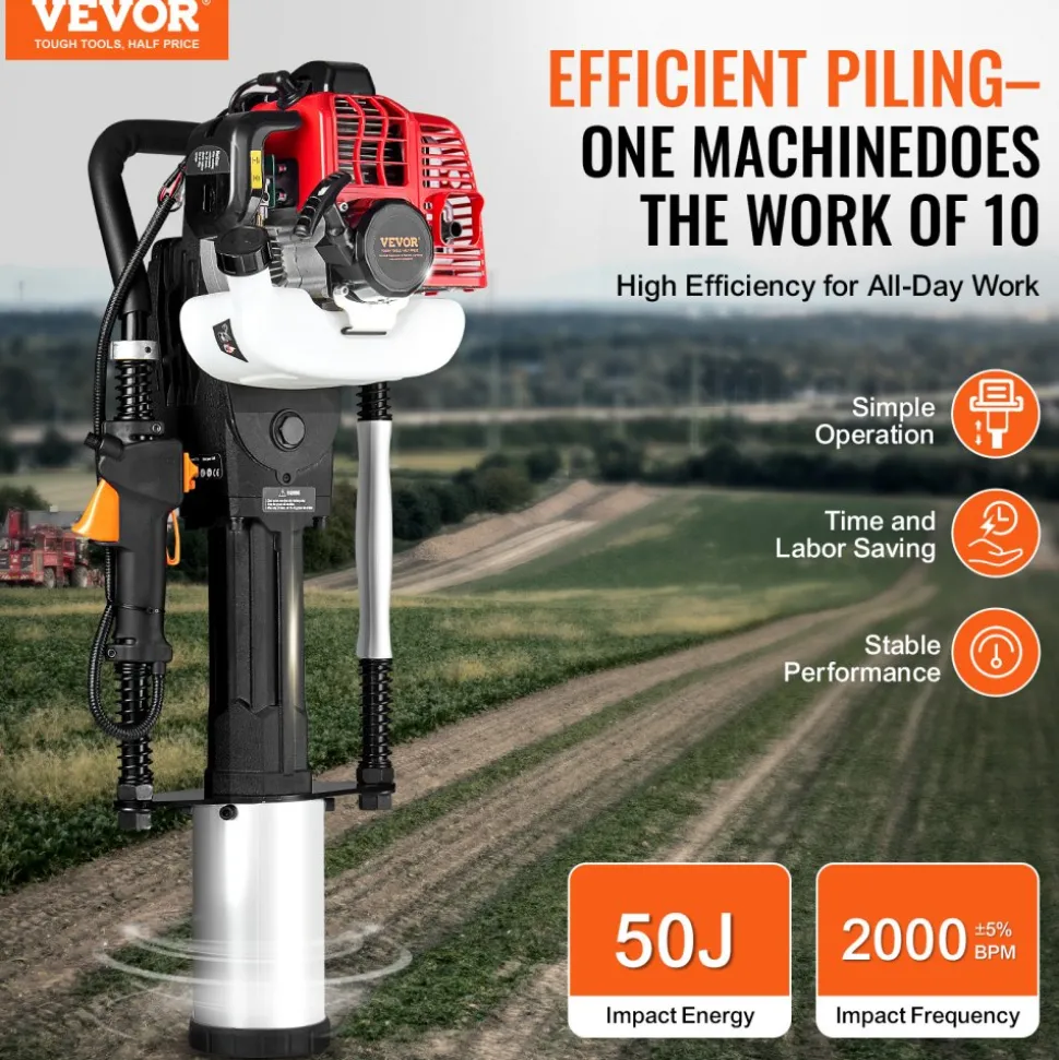 VEVOR 52cc Gas-Powered T Post Driver, 2-Stroke Engine Gasoline Fence Piling Pounder, 1300W Portable Piledriver with 3 Post Driving Head(49/69/100 mm) , For Farm, Ranch Fencing, Road Improvements