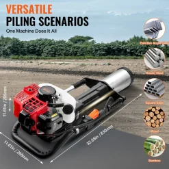 VEVOR 52cc Gas-Powered T Post Driver, 2-Stroke Engine Gasoline Fence Piling Pounder, 1300W Portable Piledriver with 3 Post Driving Head(49/69/100 mm) , For Farm, Ranch Fencing, Road Improvements