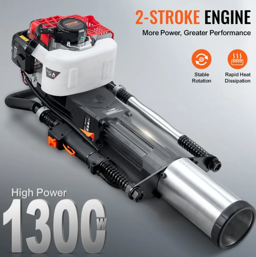 VEVOR 52cc Gas-Powered T Post Driver, 2-Stroke Engine Gasoline Fence Piling Pounder, 1300W Portable Piledriver with 3 Post Driving Head(49/69/100 mm) , For Farm, Ranch Fencing, Road Improvements