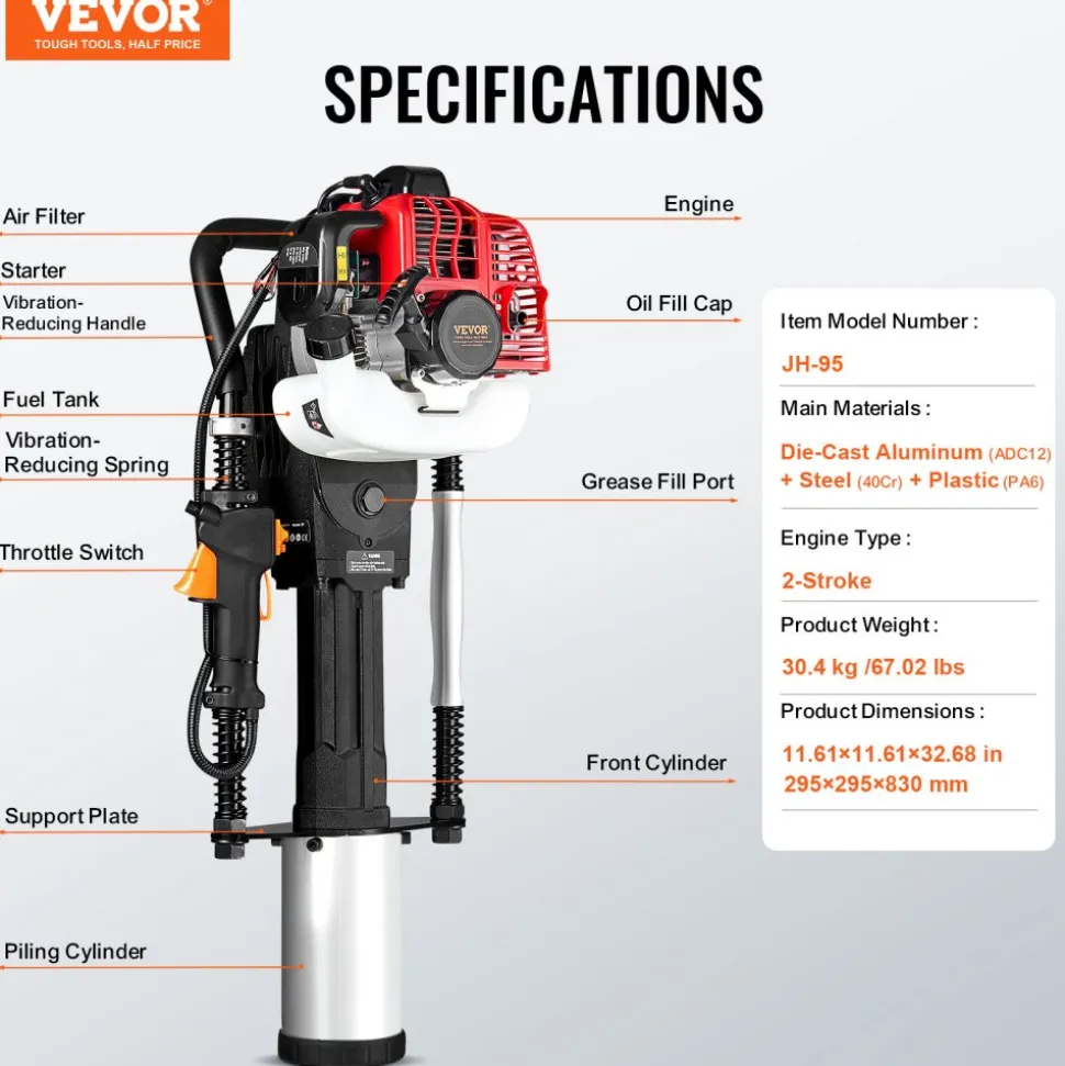 VEVOR 52cc Gas-Powered T Post Driver, 2-Stroke Engine Gasoline Fence Piling Pounder, 1300W Portable Piledriver with 3 Post Driving Head(49/69/100 mm) , For Farm, Ranch Fencing, Road Improvements