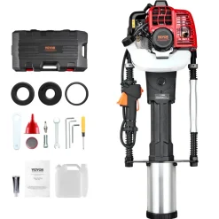 VEVOR 52cc Gas-Powered T Post Driver, 2-Stroke Engine Gasoline Fence Piling Pounder, 1300W Portable Piledriver with 3 Post Driving Head(49/69/100 mm) , For Farm, Ranch Fencing, Road Improvements