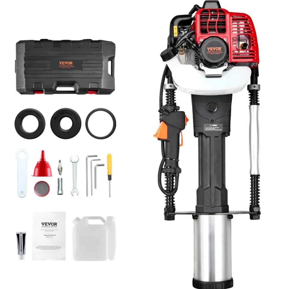 VEVOR 52cc Gas-Powered T Post Driver, 2-Stroke Engine Gasoline Fence Piling Pounder, 1300W Portable Piledriver with 3 Post Driving Head(49/69/100 mm) , For Farm, Ranch Fencing, Road Improvements