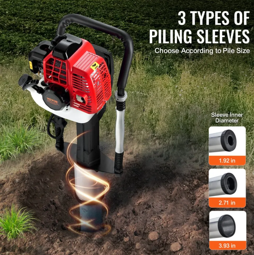 VEVOR 52cc Gas-Powered T Post Driver, 2-Stroke Engine Gasoline Fence Piling Pounder, 1300W Portable Piledriver with 3 Post Driving Head(49/69/100 mm) , For Farm, Ranch Fencing, Road Improvements