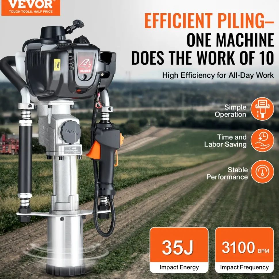 VEVOR 37.77cc Gas-Powered T Post Driver, 4-Stroke Engine Gasoline Fence Piling Pounder, with 3 Post Driving Head(45/55/88 mm) , 1000W Portable Piledriver For Farm, Ranch Fencing, Road Improvements