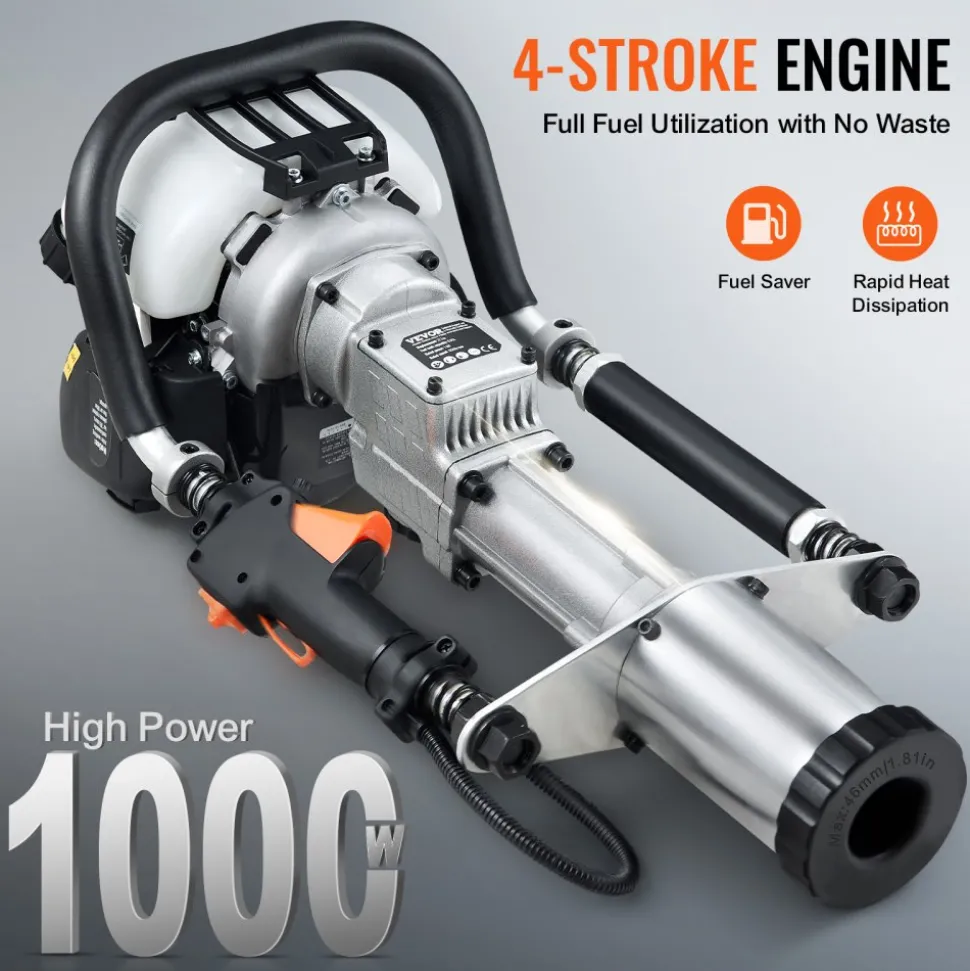 VEVOR 37.77cc Gas-Powered T Post Driver, 4-Stroke Engine Gasoline Fence Piling Pounder, with 3 Post Driving Head(45/55/88 mm) , 1000W Portable Piledriver For Farm, Ranch Fencing, Road Improvements