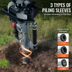 VEVOR 37.77cc Gas-Powered T Post Driver, 4-Stroke Engine Gasoline Fence Piling Pounder, with 3 Post Driving Head(45/55/88 mm) , 1000W Portable Piledriver For Farm, Ranch Fencing, Road Improvements