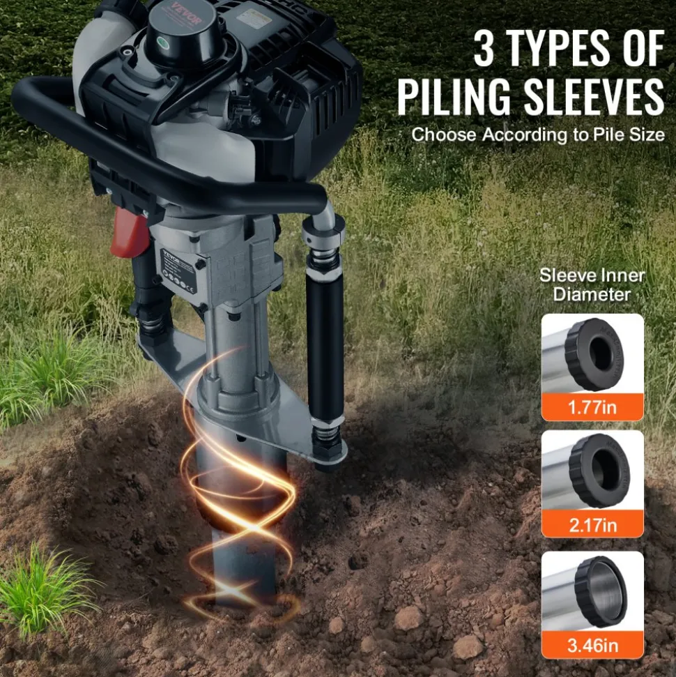 VEVOR 37.77cc Gas-Powered T Post Driver, 4-Stroke Engine Gasoline Fence Piling Pounder, with 3 Post Driving Head(45/55/88 mm) , 1000W Portable Piledriver For Farm, Ranch Fencing, Road Improvements