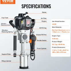 VEVOR 37.77cc Gas-Powered T Post Driver, 4-Stroke Engine Gasoline Fence Piling Pounder, with 3 Post Driving Head(45/55/88 mm) , 1000W Portable Piledriver For Farm, Ranch Fencing, Road Improvements