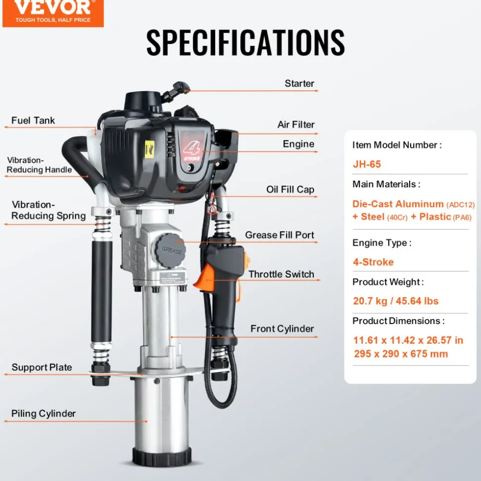 VEVOR 37.77cc Gas-Powered T Post Driver, 4-Stroke Engine Gasoline Fence Piling Pounder, with 3 Post Driving Head(45/55/88 mm) , 1000W Portable Piledriver For Farm, Ranch Fencing, Road Improvements