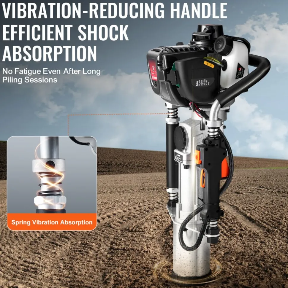 VEVOR 37.77cc Gas-Powered T Post Driver, 4-Stroke Engine Gasoline Fence Piling Pounder, with 3 Post Driving Head(45/55/88 mm) , 1000W Portable Piledriver For Farm, Ranch Fencing, Road Improvements