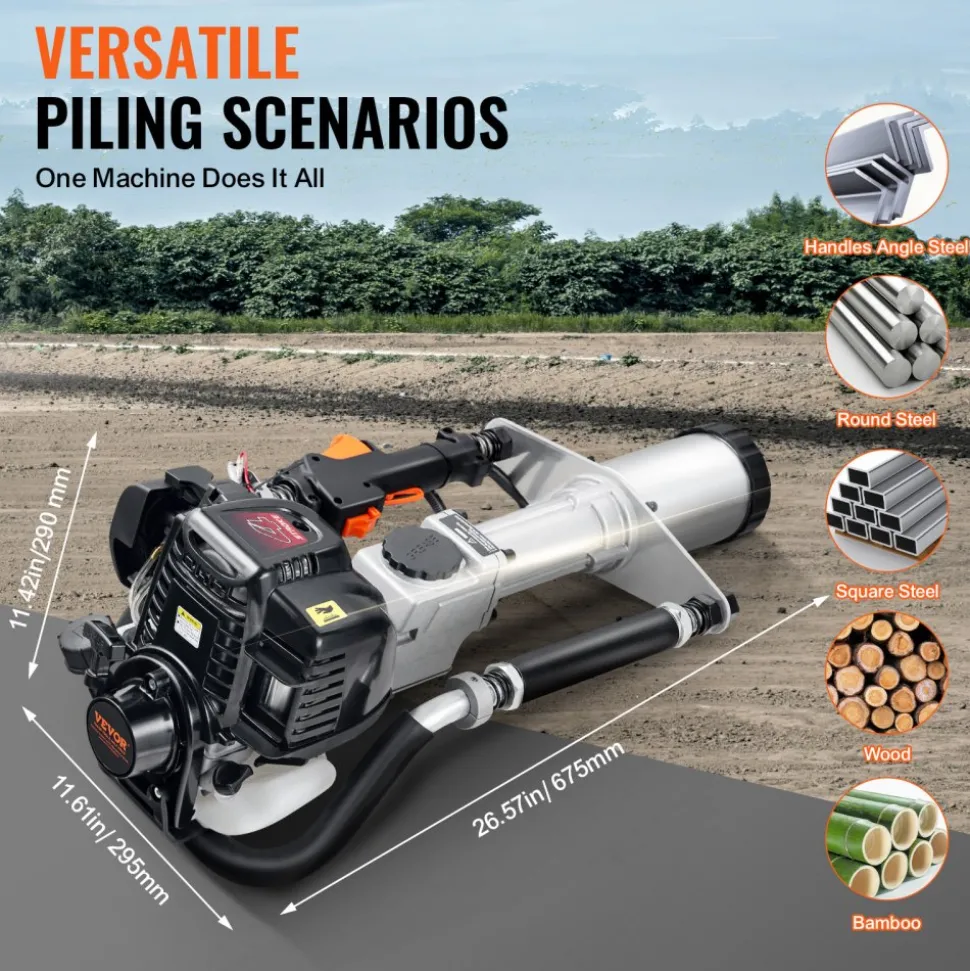 VEVOR 37.77cc Gas-Powered T Post Driver, 4-Stroke Engine Gasoline Fence Piling Pounder, with 3 Post Driving Head(45/55/88 mm) , 1000W Portable Piledriver For Farm, Ranch Fencing, Road Improvements