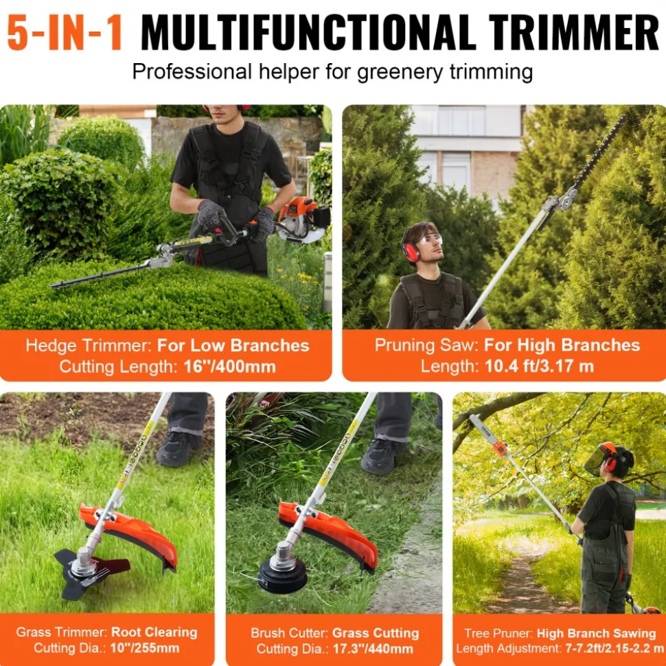 VEVOR 26CC 5-in-1 Multi-Functional Trimming Tools, Gas Hedge Trimmer, Weed Eater, String Trimmer, Edger, Pole Saw Chainsaw Pruner with Extension Pole