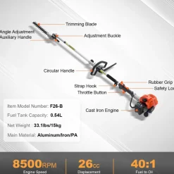 VEVOR 26CC 5-in-1 Multi-Functional Trimming Tools, Gas Hedge Trimmer, Weed Eater, String Trimmer, Edger, Pole Saw Chainsaw Pruner with Extension Pole