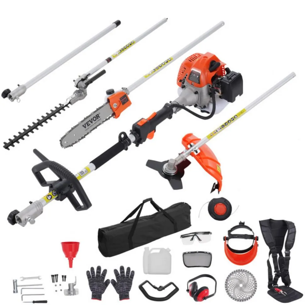 VEVOR 52CC 6-in-1 Multi-Functional Trimming Tools, Gas Hedge Trimmer, Weed Eater, String Trimmer, Brush Cutter, Edger, Pole Saw Chainsaw Pruner with Extension Pole