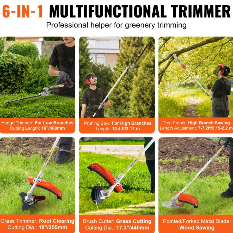 VEVOR 52CC 6-in-1 Multi-Functional Trimming Tools, Gas Hedge Trimmer, Weed Eater, String Trimmer, Brush Cutter, Edger, Pole Saw Chainsaw Pruner with Extension Pole