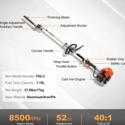 VEVOR 52CC 6-in-1 Multi-Functional Trimming Tools, Gas Hedge Trimmer, Weed Eater, String Trimmer, Brush Cutter, Edger, Pole Saw Chainsaw Pruner with Extension Pole