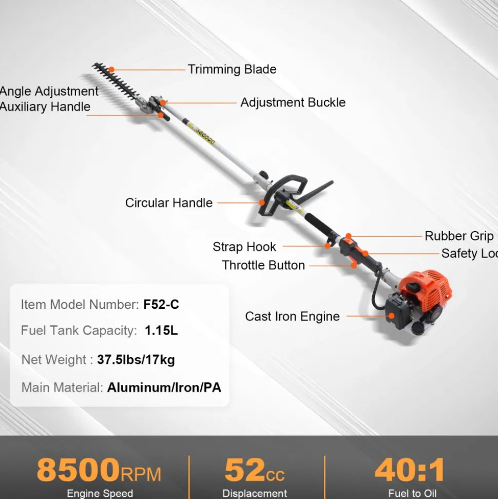 VEVOR 52CC 6-in-1 Multi-Functional Trimming Tools, Gas Hedge Trimmer, Weed Eater, String Trimmer, Brush Cutter, Edger, Pole Saw Chainsaw Pruner with Extension Pole