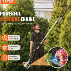 VEVOR 43CC 6-in-1 Multi-Functional Trimming Tools, Gas Hedge Trimmer, Weed Eater, String Trimmer, Brush Cutter, Edger, Pole Saw Chainsaw Pruner with Extension Pole