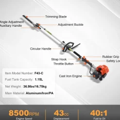 VEVOR 43CC 6-in-1 Multi-Functional Trimming Tools, Gas Hedge Trimmer, Weed Eater, String Trimmer, Brush Cutter, Edger, Pole Saw Chainsaw Pruner with Extension Pole