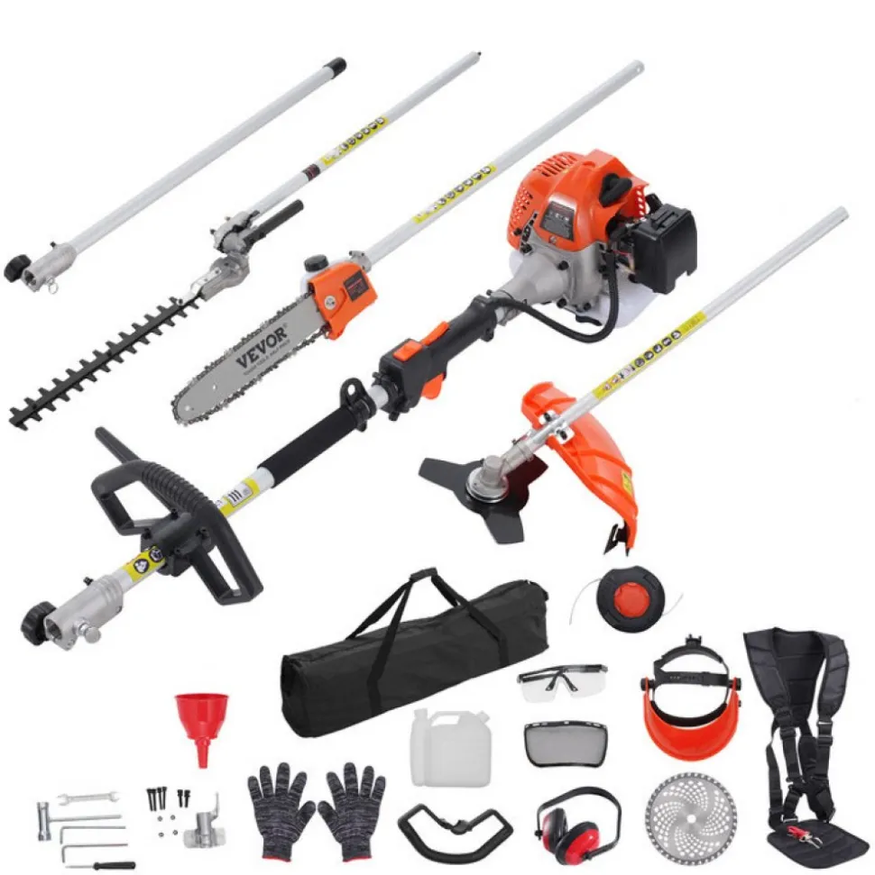 VEVOR 43CC 6-in-1 Multi-Functional Trimming Tools, Gas Hedge Trimmer, Weed Eater, String Trimmer, Brush Cutter, Edger, Pole Saw Chainsaw Pruner with Extension Pole