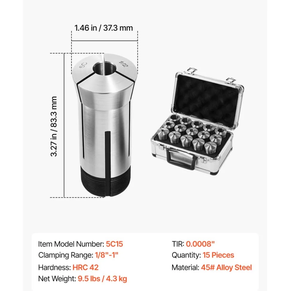 VEVOR 5C Collet Set 1/8"-1" 15 Piece Precision 5C Round Collet Chuck Set, for Milling Machine Drill Presses, 0.0008" TIR High Concentricity, Lathe Chuck Tool with Storage Case, Hardened & Ground
