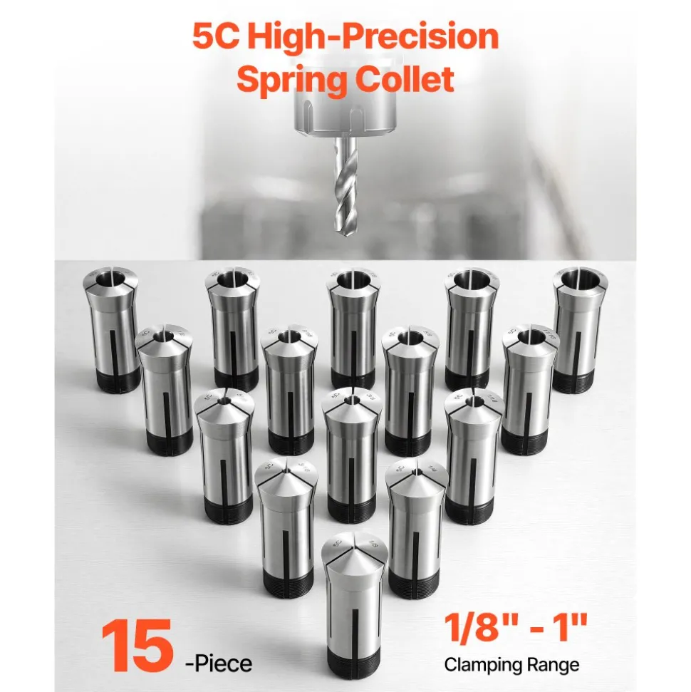 VEVOR 5C Collet Set 1/8"-1" 15 Piece Precision 5C Round Collet Chuck Set, for Milling Machine Drill Presses, 0.0008" TIR High Concentricity, Lathe Chuck Tool with Storage Case, Hardened & Ground