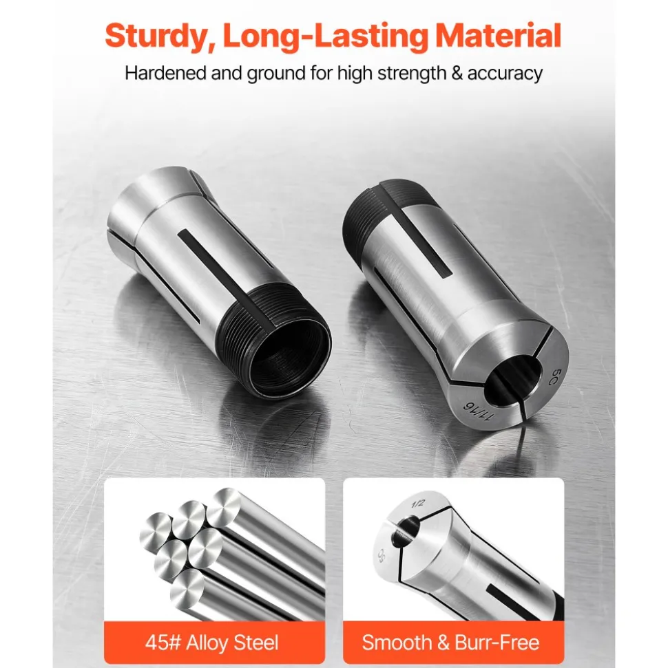VEVOR 5C Collet Set 1/8"-1" 15 Piece Precision 5C Round Collet Chuck Set, for Milling Machine Drill Presses, 0.0008" TIR High Concentricity, Lathe Chuck Tool with Storage Case, Hardened & Ground