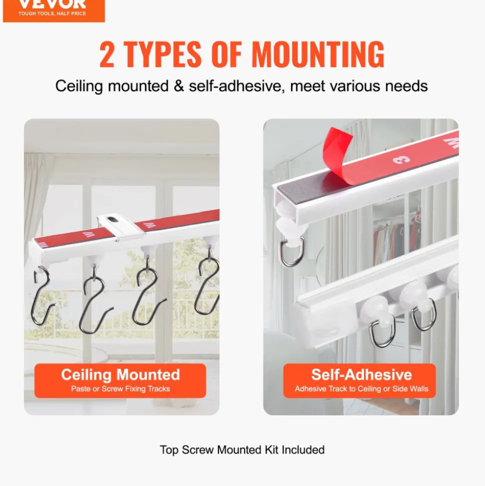 VEVOR Ceiling Curtain Track Set, 9.9 FT/3 Meter, Self Adhesive, No Drill Ceiling Track System for Curtains, Room Divider Curtain Track Ceiling Mounted for Living Room with Hooks and Hardware, White
