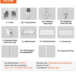 VEVOR Ceiling Curtain Track Set, 8.9 FT/2.7 Meter, Sliding Ceiling Track System for Curtains, Room Divider Curtain Track Ceiling/Wall Mounted for Living Room Bedroom with Hooks and Hardware, White