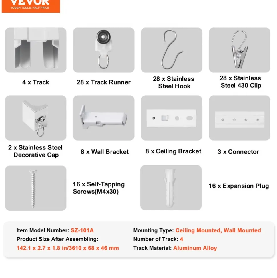 VEVOR Ceiling Curtain Track Set, 8.9 FT/2.7 Meter, Sliding Ceiling Track System for Curtains, Room Divider Curtain Track Ceiling/Wall Mounted for Living Room Bedroom with Hooks and Hardware, White